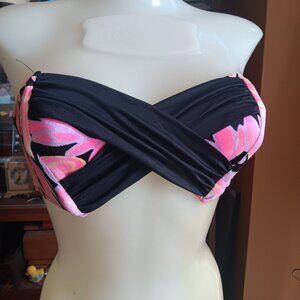 Vintage Womens Bandeau Bikini Top Pink & Black Floral Print Size 9-10